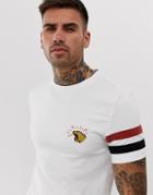 Asos Design Muscle Fit T-shirt With Cut And Sew Sleeve Stripe And Chest Print-white