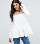 Asos Tall Denim Cold Shoulder Top With Pleated Peplum And Cuff Detail - White
