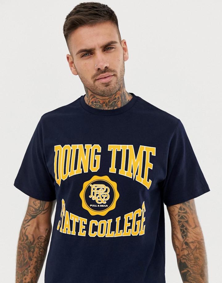 Pull & Bear T-shirt With Varsity Print - Navy