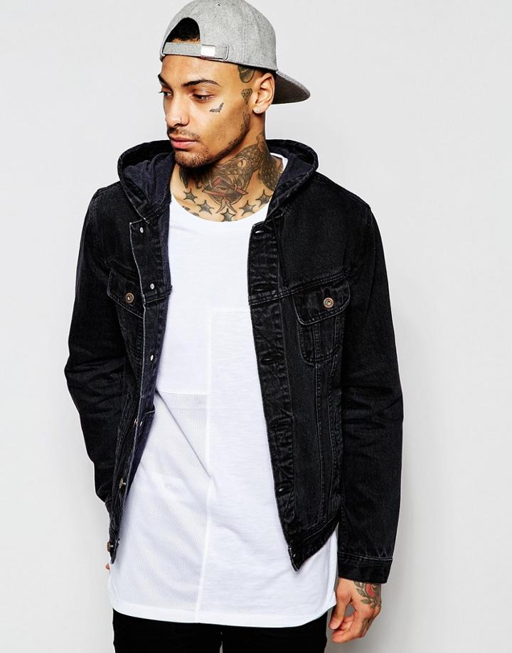 Asos Hooded Denim Jacket In Black - Black