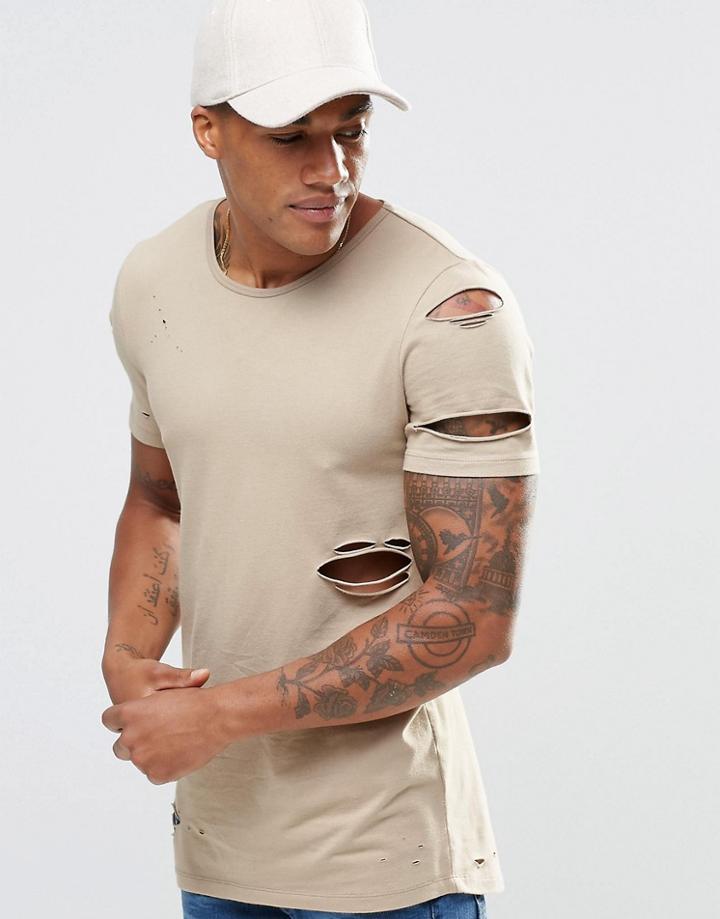 Asos Longline Muscle T-shirt With Heavy Distressing In Biege - Silver Mink