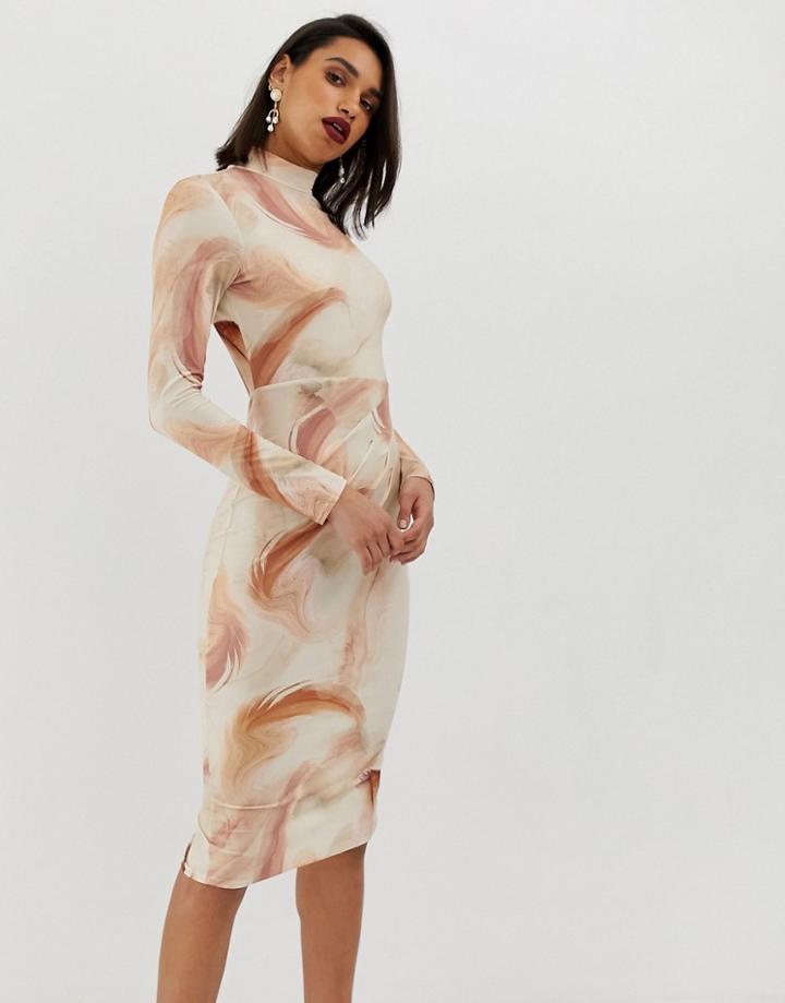 Asos Design Feather Print Bodycon Midi Dress - Multi