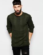 Asos Cable Sweater With Rolled Edges - Khaki