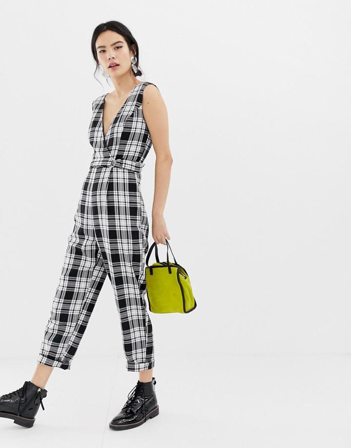 Miss Selfridge Jumpsuit With Cross Front In Check - Black