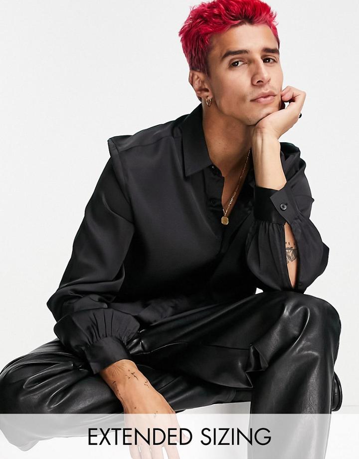 Asos Design Satin Shirt With Volume Blouson Sleeves In Recycled Polyester In Black - Black