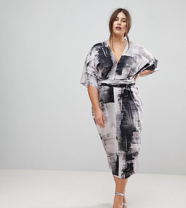 Asos Curve Kimono Dress In Abstract Print - Multi