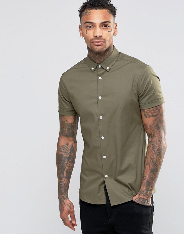Asos Skinny Shirt In Burnt Olive With Button Down Collar - Green