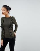 Fashion Union Sweater With Frill Shoulders - Green