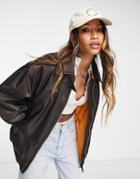 Topshop Oversized Collared Bomber Jacket In Chocolate-green