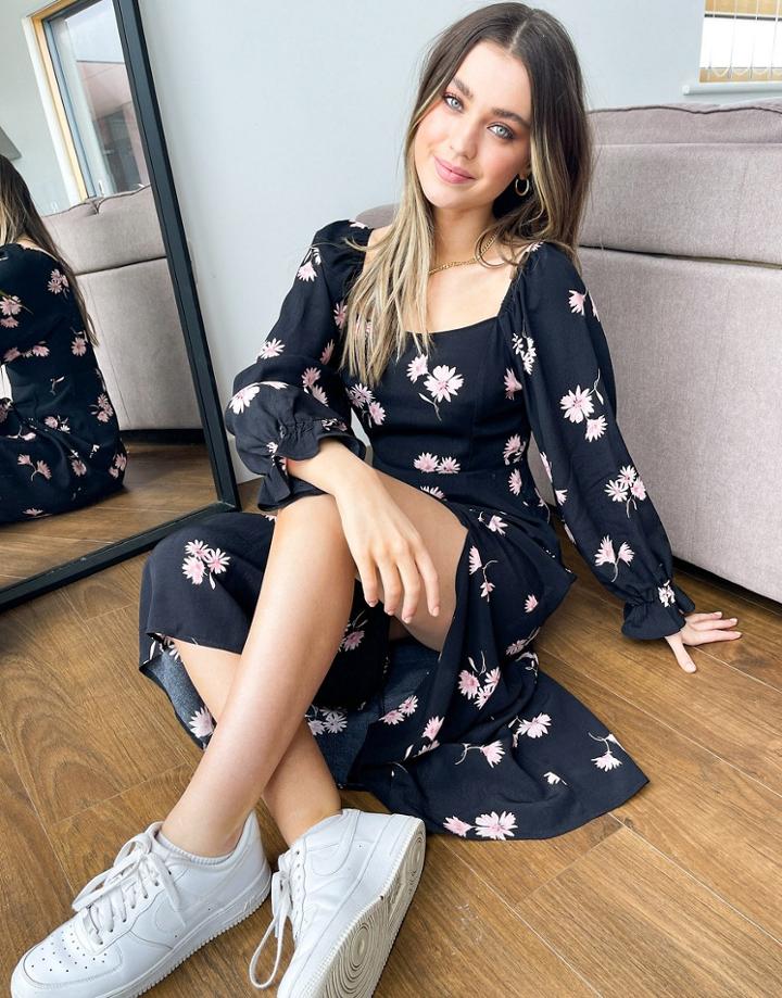 Nobody's Child Square Neck Midi Tea Dress In Pink Blossom Floral