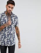Boohooman Revere Shirt With Floral Print In Navy - Navy