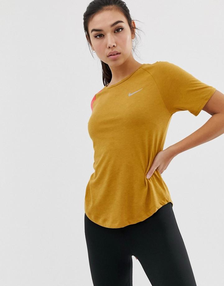 Nike Running Gold And Pink Color Block Miler T-shirt