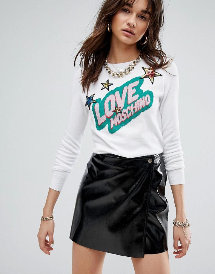 Love Moschino Sequin Badge Knit Sweater - White