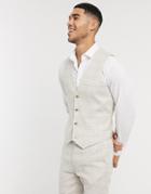 Asos Design Wedding Super Skinny Suit Vest In Stretch Linen Mix In Stone Check-neutral