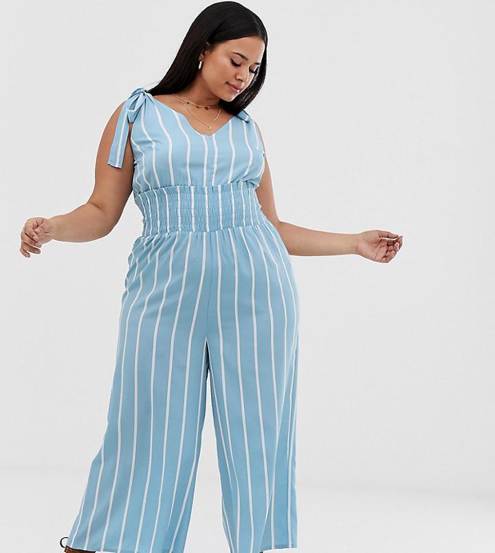 Asos Design Curve Shirred Waist Tie Shoulder Jumpsuit In Stripe Print - Blue
