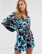 Asos Design Frill Sleeve Romper With Cut Out Back In Animal Print-multi