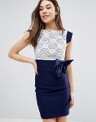 Vesper Mini Dress With Lace Panel And Bow Detail - Navy