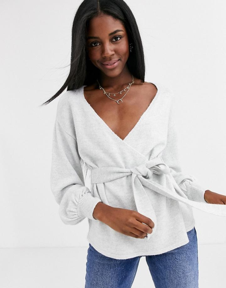 Asos Design Volume Sleeve Wrap Sweater-gray