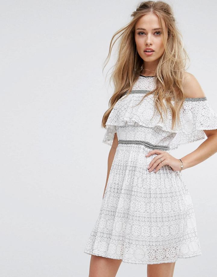 Foxiedox Cold Shoulder Lace Skater Dress - White