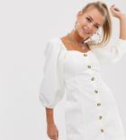 Reclaimed Vintage Inspired Denim Button Front Mini Dress With Puff Sleeve - White