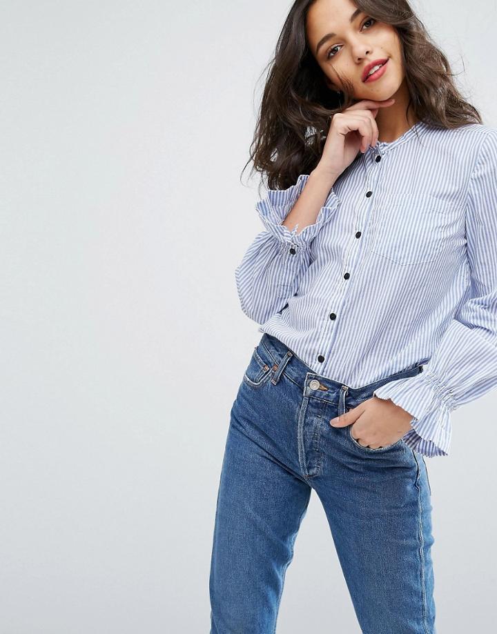 Vero Moda Frill Sleeve Button Down Shirt - Blue