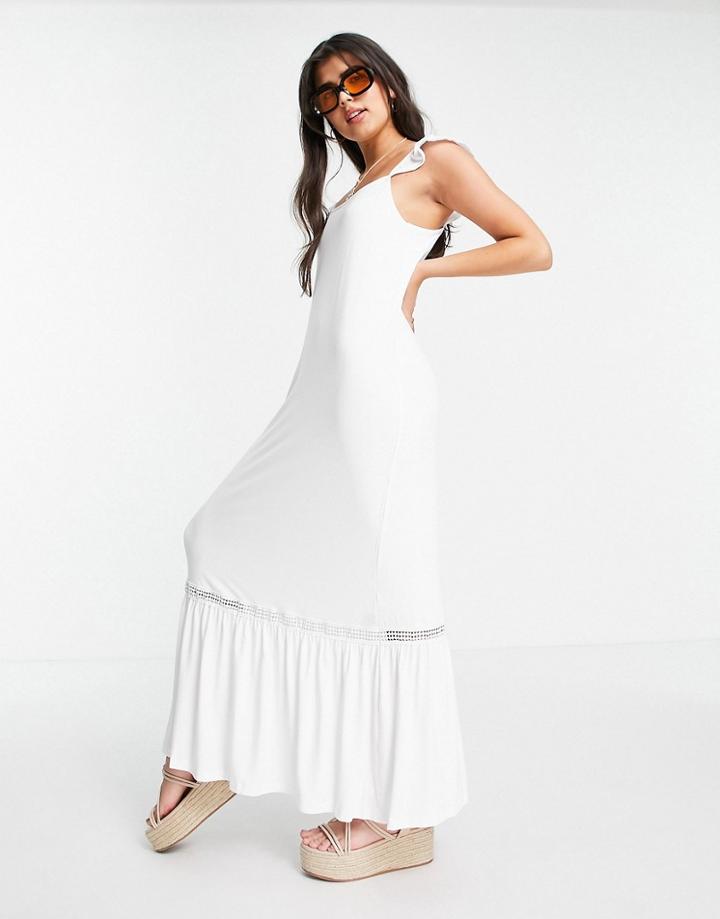 Asos Design Frill Sleeve Maxi Sundress With Lace Inserts In White