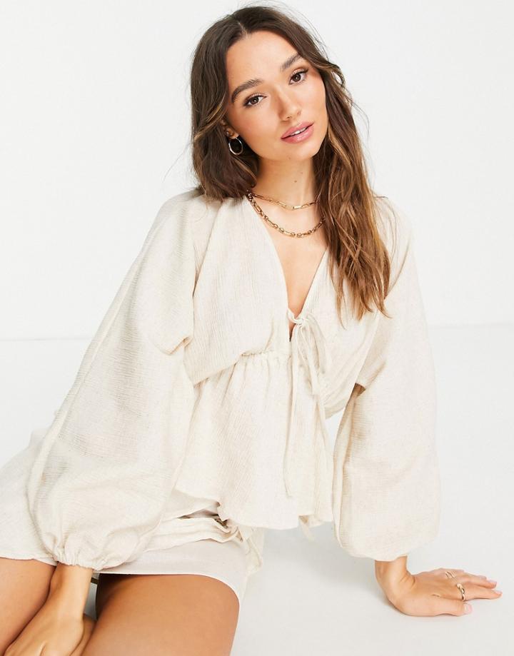Asos Design Natural Crinkle Top With Side Ties In Oatmeal-neutral