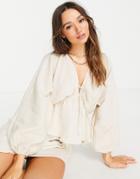 Asos Design Natural Crinkle Top With Side Ties In Oatmeal-neutral