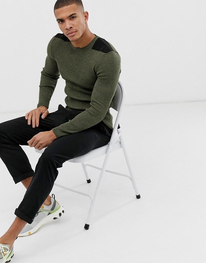 Asos Design Muscle Fit Ribbed Sweater With Patches In Khaki Twist - Green