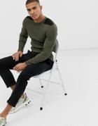 Asos Design Muscle Fit Ribbed Sweater With Patches In Khaki Twist - Green