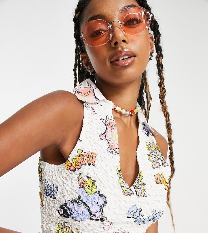 Collusion Shirred Racer Back Cartoon Print Cropped Festival Shirt In White - Part Of A Set