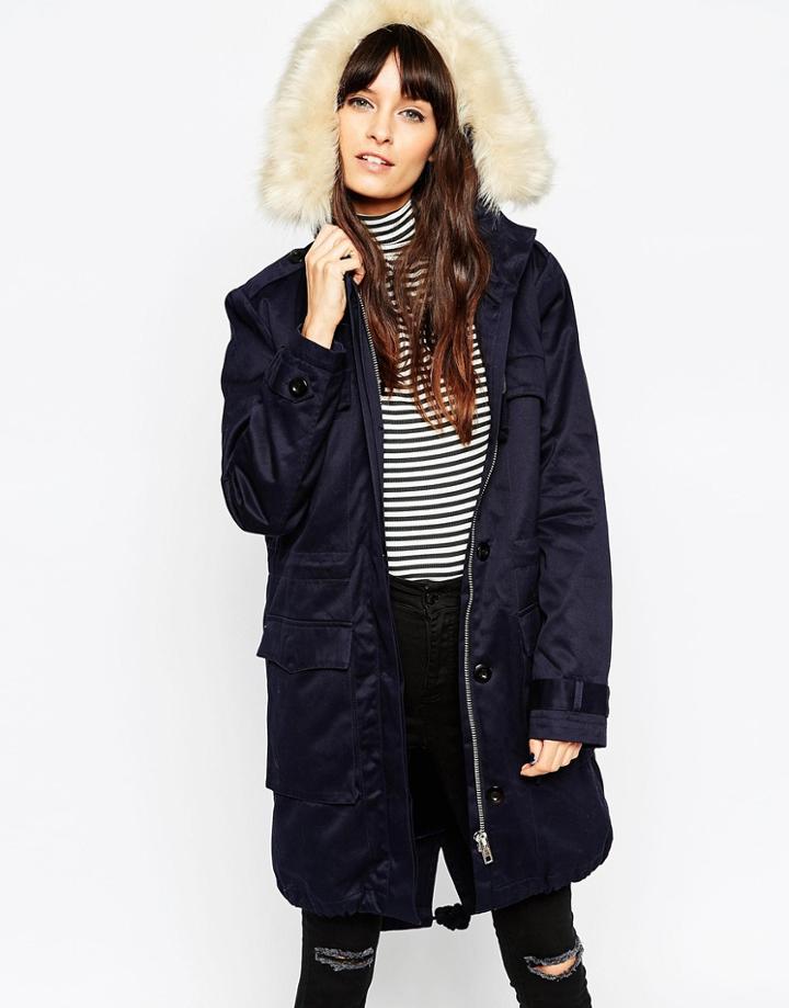 Asos Parka With Arctic Faux Fur Hood - Navy