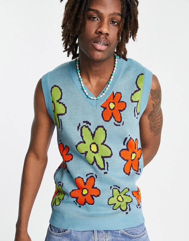 Asos Design Knit Floral Tank In Blue