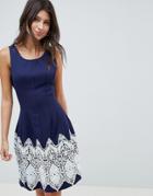 Louche Dress With Contrast Border Print - Navy