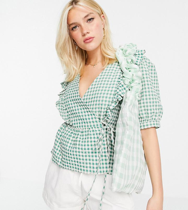 Nobody's Child Frill Collar Wrap Blouse In Gingham-green