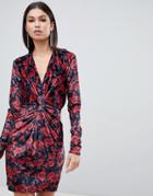 Club L Floral Printed Knot Front Mini Dress In Velvet - Red