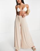 Asos Design Jersey Palazzo Beach Pants In Cream-white