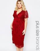 Goddiva Plus Midi Dress In Lace - Red