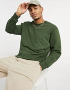 Topman Crew Sweatshirt With Woven Pocket In Khaki-green