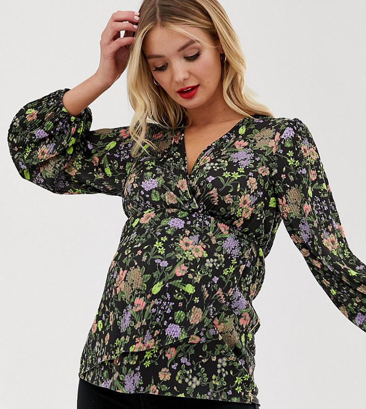 Asos Design Maternity Plisse Assymetric Wrap Top In Dark Floral Print - Multi