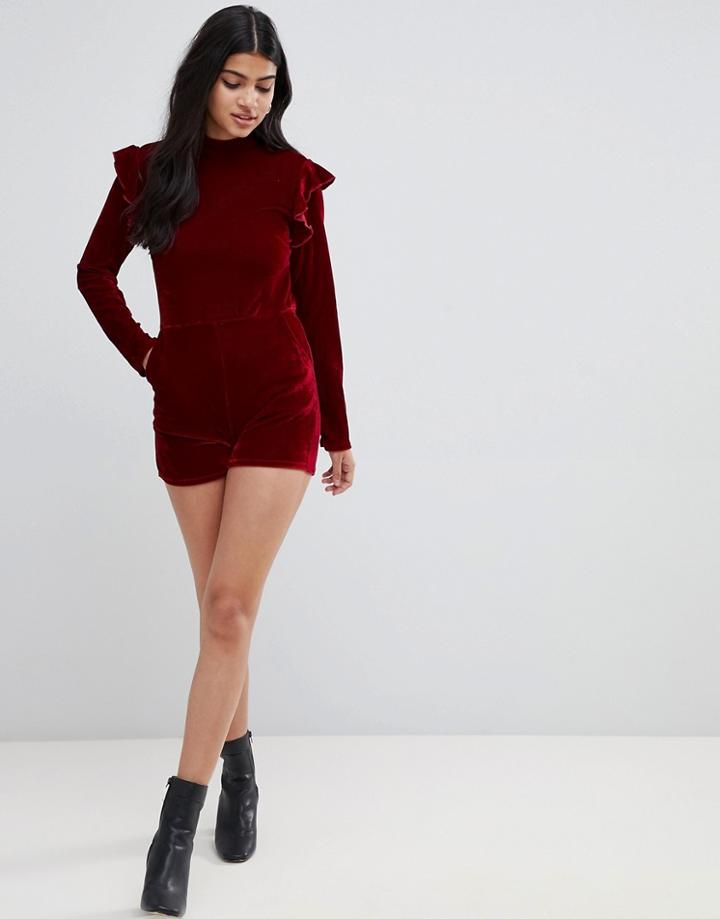Glamorous Frill Shoulder Long Sleeve Romper In Velvet-red