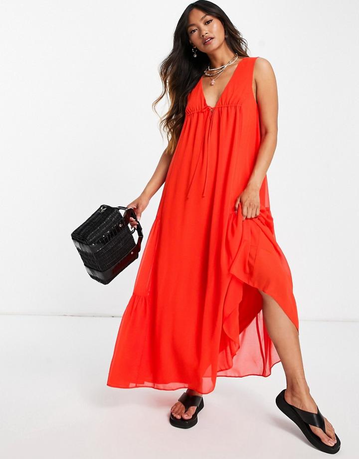 Asos Design Sleeveless Trapeze Maxi Dress With Tie Detail And Side Tiers-orange