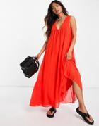 Asos Design Sleeveless Trapeze Maxi Dress With Tie Detail And Side Tiers-orange