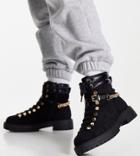 Asos Design Wide Fit Arabelle Chain Trim Hiker Boots In Black