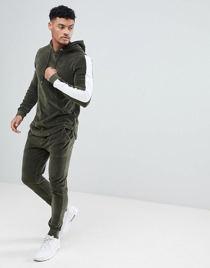 Asos Tracksuit Muscle Hoodie/ Super Skinny Joggers In Khaki Velour With Curved Hem And Contrast Side Stripe - Beige