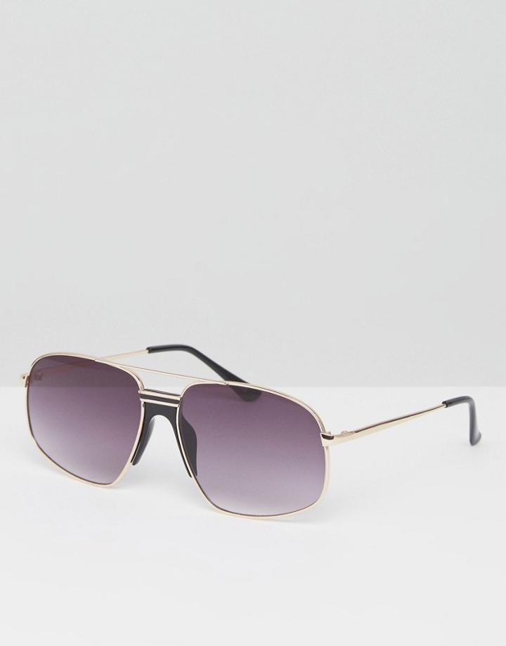 Asos Metal Square Aviator Sunglasses With Plastic Nose Bridge Detail - Gold