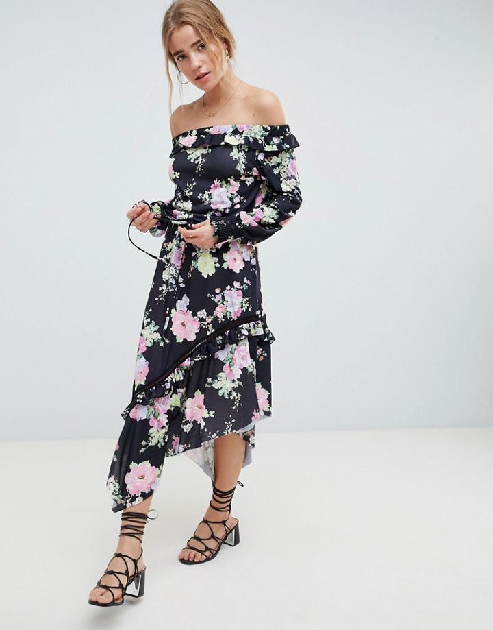 Asos Design Off Shoulder Tea Dress With Shirred Cuffs In Floral Print-multi