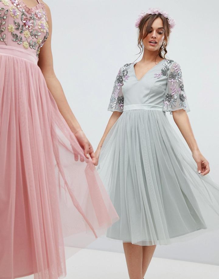 Maya Embellished Tulle Sleeve Midi Tulle Dress In Green - Green