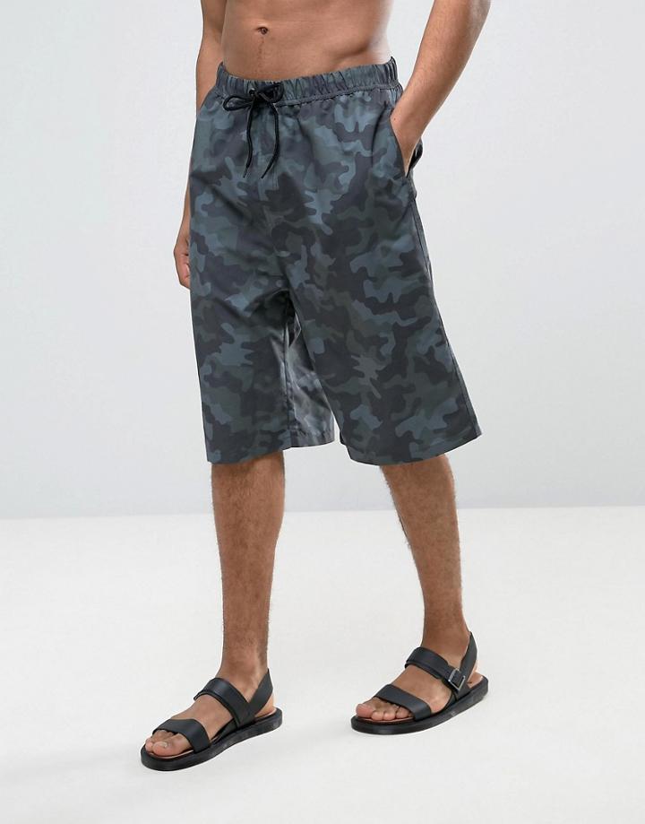 Asos Swims Shorts With Wide Leg And Camo Print In Long Length - Green