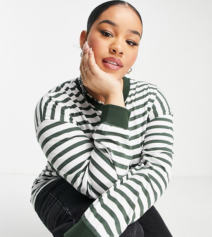 Asos Design Curve Top With Cuff Detail In Stripe White & Khaki-multi